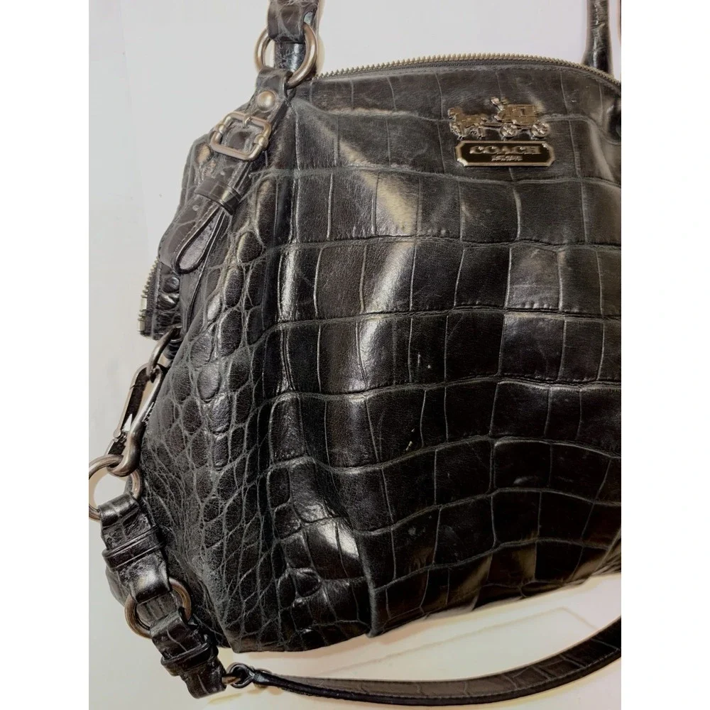 Vintage Coach Purse Madison Crocodile-Embossed Leather Black Purple Satin Lining